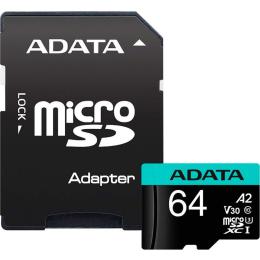 Карта памяти ADATA MicroSDXC Premier Pro 64Gb UHS-1 A2 V30S + SD адаптер (AUSDX64GUI3V30SA2-RA1)