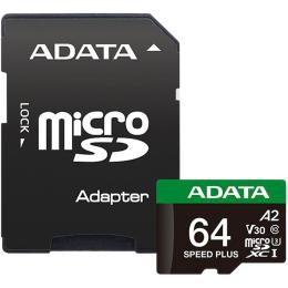 Карта памяти ADATA microSDXC Speed Plus 64Gb Class 10 UHS-1 A2 V30 + SD адаптер (UD64GUI3V30A2SP-RA1)