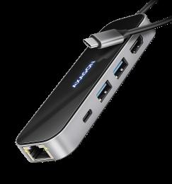 Хаб концентратор AXAGON HMC-6GLN USB-C 5Гбіт/с GLASS 6in1 hub, Чорний/Сірий