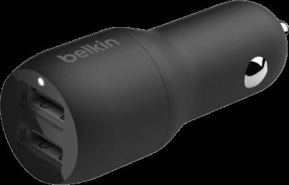 Зарядний пристрій автомобільний Belkin 24Вт 2хUSB-A, кабель USB-A > USB-C, 1м, чорний