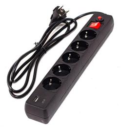 Мережевий фільтр GTL EU05FK, 5 розеток, 5 м, Black, 1xType-C / 1xUSB (2.1A), 10А, до 2.3 кВт, виключатель, заземление, 3x0.75 мм² (GTL-XH-EU05FK-5B)