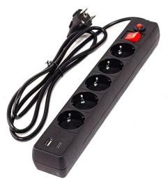 Мережевий фільтр GTL EU05FK, 5 розеток, 3 м, Black, 1xType-C / 1xUSB (2.1A), 10А, до 2.3 кВт, виключатель, заземление, 3x0.75 мм² (GTL-XH-EU05FK-3B)