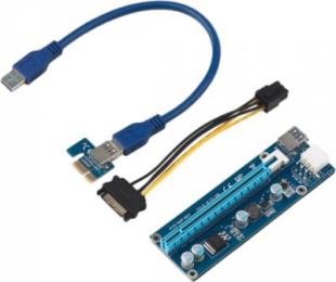 Riser PCI-EX, x1=>x16, 6-pin, SATA=>6Pin, USB 3.0 AM-AM 0,6 м (синий) , конденсатори F51F, Пакет
