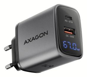 Мережевий зарядний пристрій з дисплеєм AXAGON ACU-PQ67D, 2x port (USB + USB-C), PD3.0/QC4+/PPS/Apple, 67W, сірий