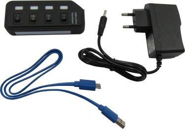 USB-Хаб Lapara USB 4 порта USB 3.0 с 4-мя виключателеми ON/OFF для каждого порта, с БП 2А/5В, черний (LA-USB305)