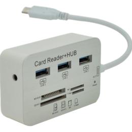 USB-Хаб NoName Type-C, 3 ports USB 3.0 + Card Reader, 20 см, White, Пакет (YT-TCA3H3+CR-W)