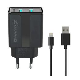Мережевий зарядний пристрій для телефона Grand-X CH15LTB Black (Apple Lightning 2xUSB 2.1A )