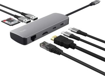 USB-хаб TRUST Dalyx 8in1 Gray USB-C 1xUSB-А 3.2/USB-A 2.0/2xUSB-С/HDMI/Ehernet/SD/microSD