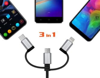 Кабель USB (папа) = Lightning, USB type C? microUSB (папа) 1м REAL-EL Premium Black
