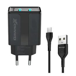 Мережевий зарядний пристрій для телефона Grand-X CH-15T Black (2xUSB 2.1A + кабель USB Type C )