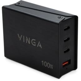 Мережевий зарядний пристрій для телефона Vinga GaN 100W PD + QC 3C1A ports 1.2m Wired Charger Black (VCPCH100CB)