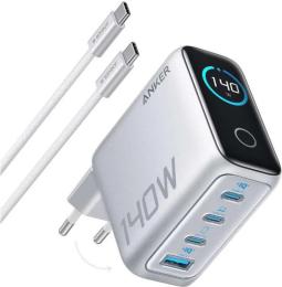 Мережевий зарядний пристрій для телефона Anker Laptop GaN Charger 140W Silver 3xUSB-C PD3.1 &amp; 1xUSB-A w Display and Cable