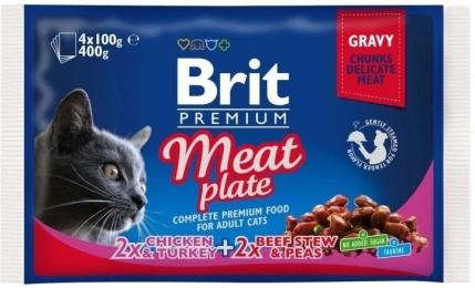 Корм вологий Brit Premium Cat Meat Plate pouches набір для котів мясна тарілка курка та індичка з тушкованою яловичиною та горохом 4 шт х 100 г