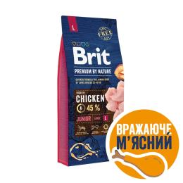 Корм сухий Brit Premium Dog Junior L для цуценят та молодих собак великих порід від 1 до 24 місяців вагою 25-45 кг з куркою 15 кг
