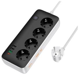 Мережевий фільтр Hoco AC22 Sunlight (PD30W/1C/3A/4xSocket) (3m) Black