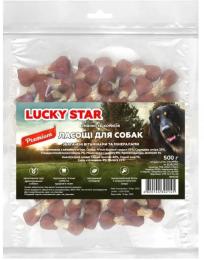 Ласощі для собак Lucky Star Гантельки з мясом качки на пресованій кістці з сиромятної шкіри 200 г (4820112457907)