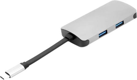 USB-хаб PowerPlant USB-хаб Type-C  HDMI 4K, USB 3.0, USB Type-C, RJ45 Gray
