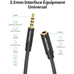 Аудіо-кабель Vention mini-jack 3.5(мама)mini-jack 3.5(тато), 1m Black