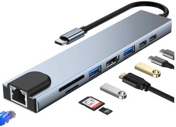 USB-хаб Dynamode 8-в-1 USB-C to HDTV 4K/30Hz, RJ45, 1хUSB3.0, 1хUSB2.0, 1хUSB Type-C PD 100W Gray