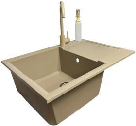 Кухонна мийка Adamant Horizon Medium, штучний камінь, прямокут., з крилом, 700х500х230мм, чаша  -  1, врізна Sahara + змішувач та дозатор