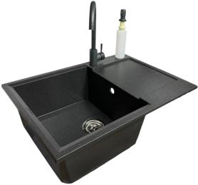 Кухонна мийка Adamant Horizon Medium, штучний камінь, прямокут., з крилом, 700х500х230мм, чаша  -  1, врізна Grafit + змішувач та дозатор