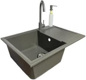 Кухонна мийка Adamant Horizon Medium, штучний камінь, прямокут., з крилом, 700х500х230мм, чаша  -  1, врізна Gray + змішувач та дозатор