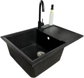 Кухонна мийка Adamant Horizon Medium, штучний камінь, прямокут., з крилом, 700х500х230мм, чаша  -  1, врізна Black + змішувач та дозатор
