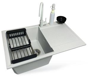 Кухонна мийка Adamant Horizon, штучний камінь, прямокут., з крилом, 780х495х230мм, чаша  -  1, врізна Old Stone + змішувач + дозатор + ополіскувач ста