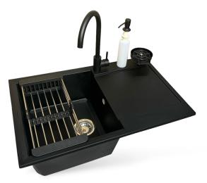 Кухонна мийка Adamant Horizon, штучний камінь, прямокут., з крилом, 780х495х230мм, чаша  -  1, врізна Antracite +змішувач +дозатор + ополіскувач склян
