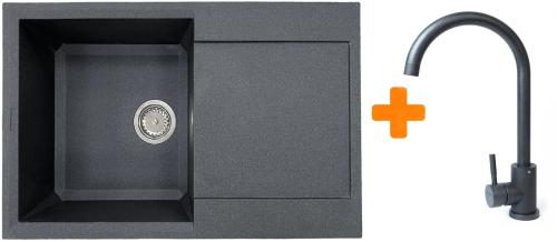 Кухонна мийка Adamant Horizon, штучний камінь, прямокут., з крилом, 780х495х230мм, чаша  -  1, врізна Grafit + змішувач