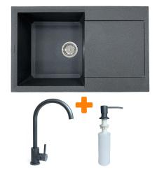 Кухонна мийка Adamant Horizon, штучний камінь, прямокут., з крилом, 780х495х230мм, чаша  -  1, врізна Grafit + змішувач та дозатор