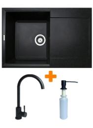 Кухонна мийка Adamant Horizon, штучний камінь, прямокут., з крилом, 780х495х230мм, чаша  -  1, врізна Black + змішувач та дозатор