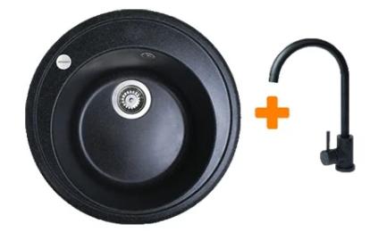 Кухонна мийка Adamant Sun, штучний камінь, кругла, без крила, 510x200мм, чаша  -  1, врізна Black + змішувач