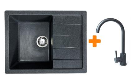 Кухонна мийка Adamant Anila, штучний камінь, прямокут., з крилом, 645х495х200мм, чаша  -  1, врізна Grafit + змішувач