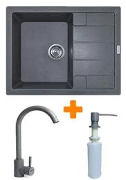 Кухонна мийка Adamant Anila, штучний камінь, прямокут., з крилом, 645х495х200мм, чаша  -  1, врізна Gray + змішувач та дозатор