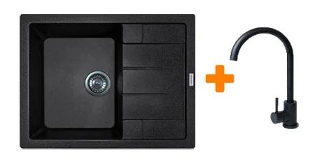 Кухонна мийка Adamant Anila, штучний камінь, прямокут., з крилом, 645х495х200мм, чаша  -  1, врізна Black + змішувач
