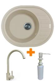 Кухонна мийка Adamant Ovum, штучний камінь, овальна, з крилом, 615х495х200мм, чаша  -  1, врізна Avena + змішувач та дозатор