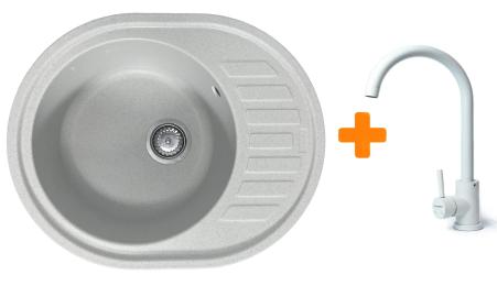 Кухонна мийка Adamant Ovum, штучний камінь, овальна, з крилом, 615х495х200мм, чаша  -  1, врізна Old Stone + змішувач