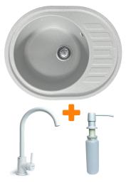 Кухонна мийка Adamant Ovum, штучний камінь, овальна, з крилом, 615х495х200мм, чаша  -  1, врізна Old Stone + змішувач та дозатор