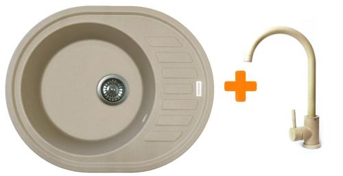 Кухонна мийка Adamant Ovum, штучний камінь, овальна, з крилом, 615х495х200мм, чаша  -  1, врізна Sahara + змішувач