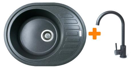 Кухонна мийка Adamant Ovum, штучний камінь, овальна, з крилом, 615х495х200мм, чаша  -  1, врізна Grafit + змішувач