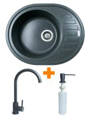 Кухонна мийка Adamant Ovum, штучний камінь, овальна, з крилом, 615х495х200мм, чаша  -  1, врізна Grafit + змішувач та дозатор