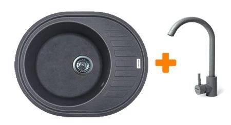 Кухонна мийка Adamant Ovum, штучний камінь, овальна, з крилом, 615х495х200мм, чаша  -  1, врізна Gray + змішувач