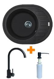 Кухонна мийка Adamant Ovum, штучний камінь, овальна, з крилом, 615х495х200мм, чаша  -  1, врізна Black + змішувач та дозатор