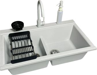 Кухонна мийка Adamant Similar, штучний камінь, прямокут., без крила, 885x505x230мм, чаша  -  2, врізна Old Stone + змішувач + дозатор + ополіскувач ск