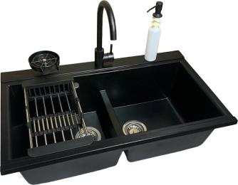 Кухонна мийка Adamant Similar, штучний камінь, прямокут., без крила, 885x505x230мм, чаша  -  2, врізна Antracite + змішувач + дозатор + ополіскувач ск