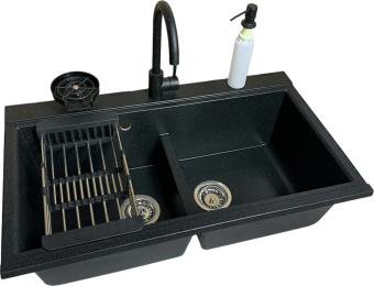 Кухонна мийка Adamant Similar, штучний камінь, прямокут., без крила, 885x505x230мм, чаша  -  2, врізна Black + змішувач + дозатор + ополіскувач скляно