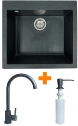Кухонна мийка Adamant Univer, штучний камінь, квадрат, без крила, 560х500х200мм, чаша  -  1, врізна Grafit + змішувач та дозатор