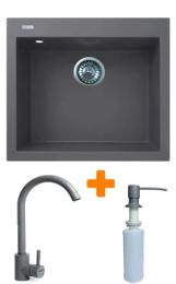 Кухонна мийка Adamant Univer, штучний камінь, квадрат, без крила, 560х500х200мм, чаша  -  1, врізна Gray + змішувач та дозатор