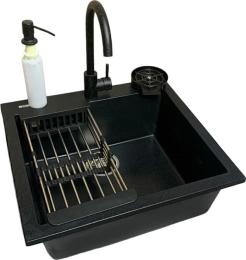 Кухонна мийка Adamant Univer, штучний камінь, квадрат, без крила, 560х500х200мм, чаша  -  1, врізна Black + змішувач + дозатор + ополіскувач склянок +